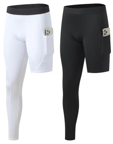 Hotfiary 2 Pack Single Leg Compression Tights Men's Basketball 1/2 One Leg Full Length Pants Athletic Baselayer Underwear