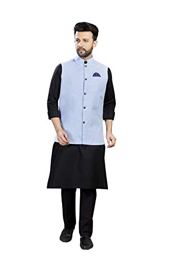 Image of 100% Cotton Blend Stylish Trendy Solid Pattern Sleeveless Comfortable Men's Only Nehru Jacket For Regular Use Ethnic Wear Kurta Set(Sky Blue,Small)