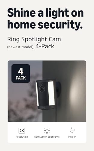 Image of Ring Spotlight Cam, Plug-In (newest model), Home or business security, Wide-Angle Retinal 2K Video, 6x Enhanced Zoom, Motion-Activated Spotlights, 4-Pack, Black
