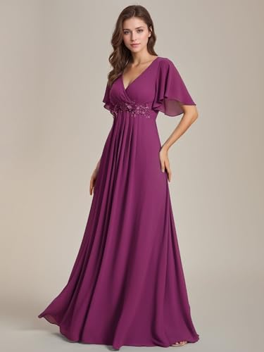 Image of Ever-Pretty Women's Spring Short Sleeve Bridesmaid Dresses V-Neck Chiffon Ruched Empire Waist Appliques Long Formal Dress