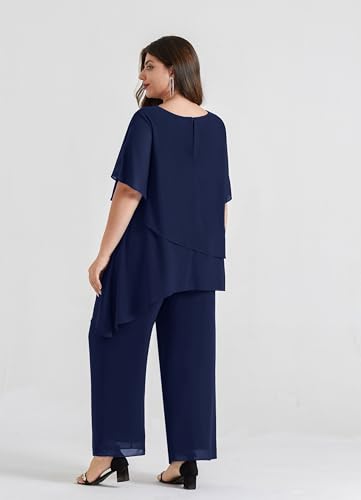 Hanna Nikole 2025 Plus Size Mother of The Bride Pant Suits 2 Piece Chiffon Sets Ruffle Asymmetric Layers Wedding Guest Outfit3