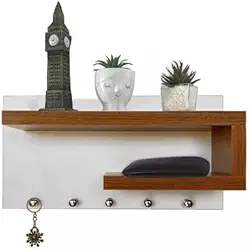 Porta Chaves de MDF com Prateleiras e Ganchos (Branco/Freijó)