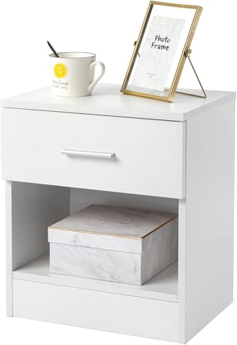GALER Small Bedside Table, White Bed Side Table for Bedroom, Bedside Cabinet with Drawer, Handle & Open Compartment, End Table Nightstand Storage Tables for Bedroom & Living Room