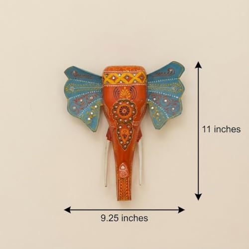 Image of ATRANGI STUDIO Handpainted Wooden Elephant Wall Decor | Ethnic Wooden Wall Art | Symbol of Strength & Wisdom | Wall Hanging for Home, Corridor & Balcony | Ready to Hang | 11 Inch, Orange