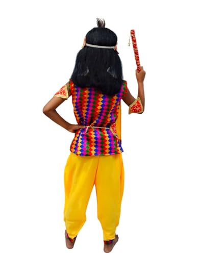 Image of BookMyCostume Shri Krishna Multicolor Kids Fancy Dress Costume 9 Pcs Set with Red Accessories & Wig - Premium 5-6 years