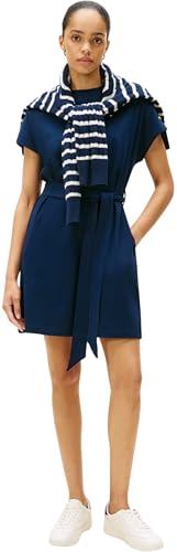 Tommy Hilfiger Women's Gold Button Jersey Dress with Belt, Blue (Dark Night Navy), L