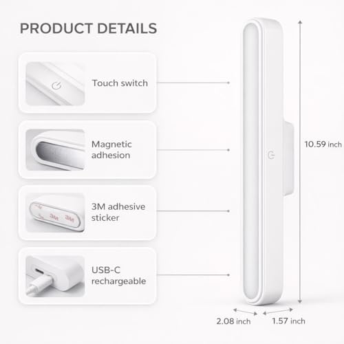 Image of Rechargeable Magnetic Wall Light with Touch Control | LED Study Table Lamp for Students | Dimmable Reading Light for Bedroom, Dressing Table & Picture Lighting | Wireless & Adjustable Light Bar