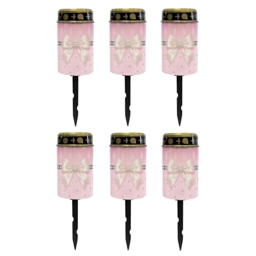 Image of Poceacles Outdoor Solar Lights Garden Cemetery Flameless Candle Water Resistant Pillar Candle Solar Garden Stake Lights for Cemetery Grave Decorations, Pink Ribbon Bow Cherry Blossom, Set of 6