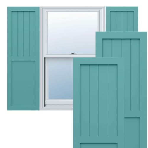 12"W x 45"H True Fit PVC Farmhouse/Flat Panel Combination Fixed Mount Shutters, Pure Turquoise (Per Pair - Hardware Not Included)