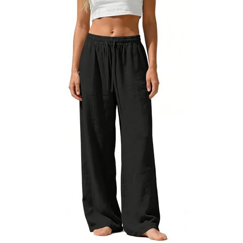 Youkly Linen Trousers Womens, Ladies Elasticated High Waist Trousers, Wide Leg Palazzo Trouser with Pockets, Casual Summer Fashion Loose Fit Lounge Pants (UK, Alpha, S, Regular, Regular, Black)