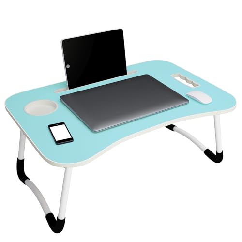 Image of Laptop Table with Dock Stand Wood Smart Standard Multi-Purpose Solid /Study Table /Bed Table /Foldable and Portable /Ergonomic & Rounded Edges /Non-Slip Legs /Engineered (Blue)