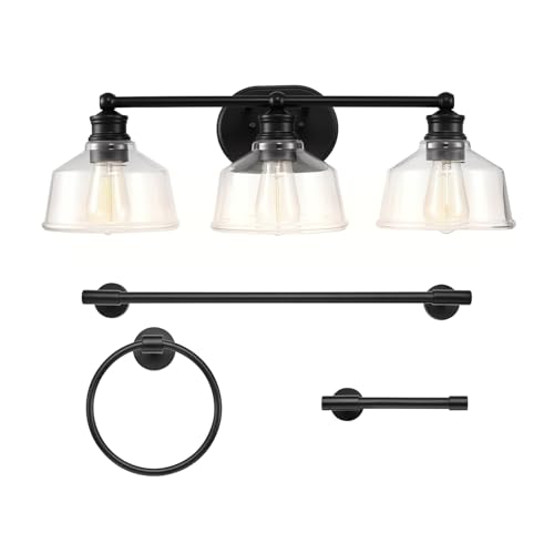 Image of Globe Electric 4-Piece All-in-One Bathroom Set, Matte Black, 3-Light Vanity Light with Clear Glass Shades, Towel Bar, Toilet Paper Holder, Towel Ring