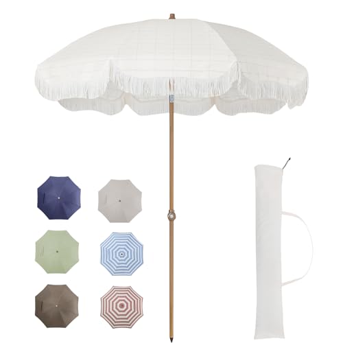 Tempera 7ft Outdoor Patio Umbrella with Carry Bag,Beach Umbrella with Fringe|Vintage Tassel Umbrella with Prime Steel Pole and Ribs Push Button Tilt,Ideal for Garden Lawn,UPF50+,Cream Grid
