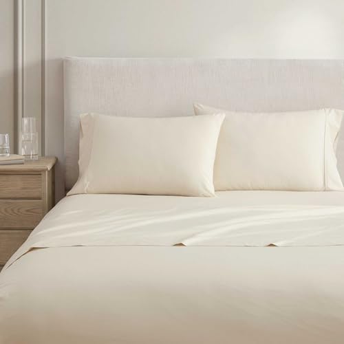 Image of Martha Stewart - Queen Size Sheets Set, Crisp & Tailored Cooling Sheets w /a Naturally Smooth Cotton Percale Lightweight Feel - Matching Pillowcases & Fitted Sheet (Skylands Solid Beige)