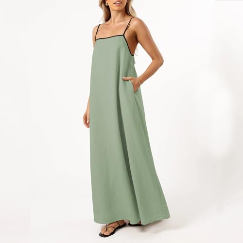 Image of Senllen Women's Linen Dress Summer Loose Flowy Sundress Contrast Spaghetti Strap Sleeveless Backless Beach Maxi Long Dresses