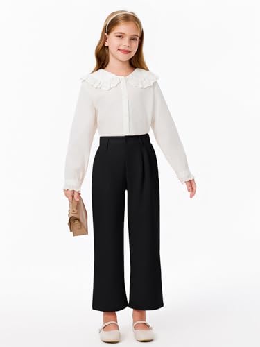 Image of Haloumoning Girls Uniform Pants Kids High Waisted Wide Leg Dress Pants Casual Trousers with Pockets 5-14 Years