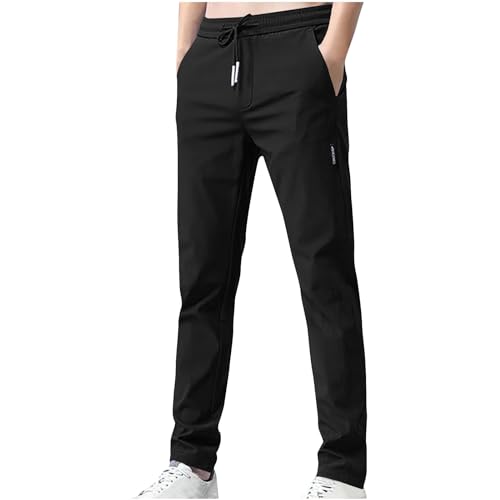 Men's Summer Ice Silk Pants Elastic Waist Solid Color Slim Fit Trousers Drawstrings Breathable Casual Pencil Pants