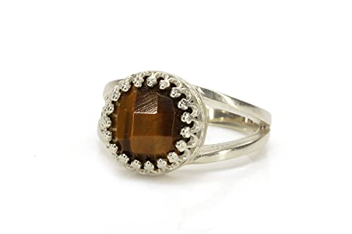 Anémone Bijoux Bague Solitaire Argent Sterling 925 - Pierre Véritable Oeil de Tigre Marron 10mm - Bijoux de Mode pour Femmes - Bague Bijoux Faits à la Main...