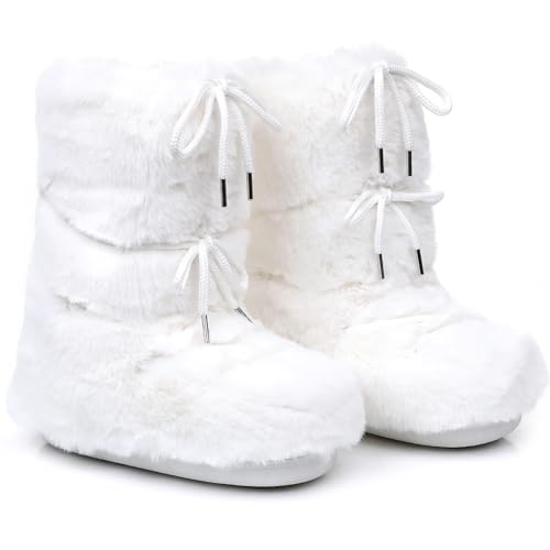 Winter Boots for Women, Furry Fuzzy Fluffy Faux Fur Snow Boots with Fur Lined Non-Slip Outsole Black White Pink Boots (white, Adult, Women, 8, Numeric Range, US Footwear Size System, 9, Medium)