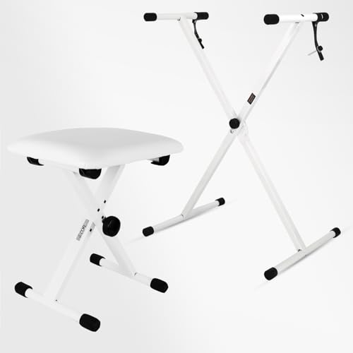 5 CORE Keyboard Stand Single X Style Piano Riser Adjustable Holder + Keyboard Stool Thick Padded Piano Bench - KS 1X WH+KBB 02 WH