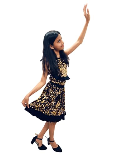 Image of BookMyCostume Western Dance Costume for Girls - Black & Golden Sequin Top and Skirt | Sleeveless Velvet Dress for Kids | Annual Day Dance Dresses & Fancy Dress for Stage Shows & Performances 4-5 Years