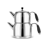 Karaca Stella Stainless Steel Turkish Teapot Set XL, 1L Tea Pot & 2L Water Tank (Kettle), Stove Top/Induction Compatible, Elegant Silver Color, Easy to Clean, Heat-Resistant Handles