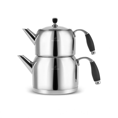 Karaca Stella Edelstahl Teekessel-Set Wasserkocher 2 Liter & Teekanne 1 Liter Hochwertiger rostfreier Edelstahl (18/10) Kapselboden für Induktion geeignet Wärmeresistente Griffe