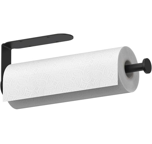 Image of Mbillion Matte Black Ratchet Mechanism Paper Towel Holder | Wall mounte and self-adhesive under cabinet paper towel rack, one-handed tear stainless steel for kitchen