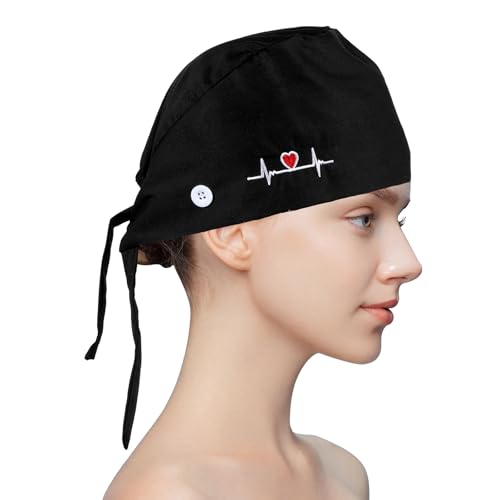 Image of Scrub Caps Women, Adjustable Working Caps with Button & Sweatband, Nurse Caps for Women, Bouffant Cap with Buttons for Women Men, 1Pcs Black
