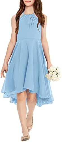 Galawaqe Fancy Kids Girls Junior Bridesmaid Dresses Girl Sleeveless Backless Crossed Straps Dress Wedding Prom Party Gowns Blue