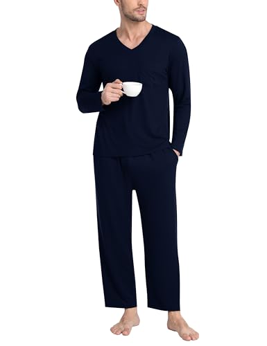 MoFiz Men's Long Sleeve Pajama Set Soft Lightweight 2-Piece Sleepwear V-Neck Pjs for Nightwear Home Lounge with Pockets2