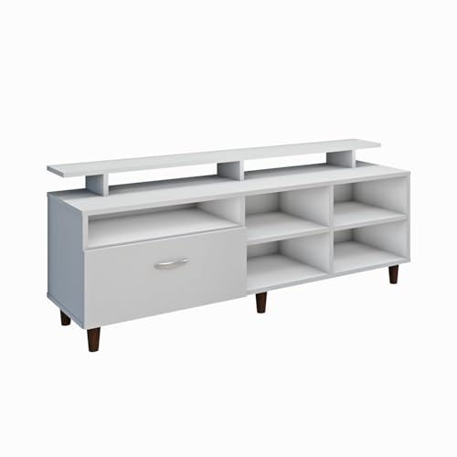 Image of VIKI Modern TV Unit for Living Room | Engineered Wood TV Cabinet with 1 Drawer Storage, 2 Open Shelves & Extension, Entertainment Unit, 140W x 48H x 40D cm | DIY | 1 Year Warranty (White)