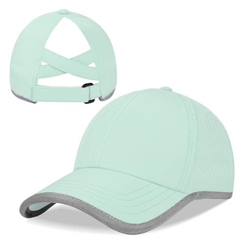 Girls Criss Cross Ponytail Baseball Cap Reflective Quick Dry Hat Kids Cooling Mesh Outdoor Sports Hat for Age 3-12