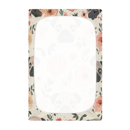 Image of Crib Sheets Pug Dog Flowers Stretchy Portable Sheets for Baby Toddler Breathable Soft Crib Mattress Sheet for Girls Boys