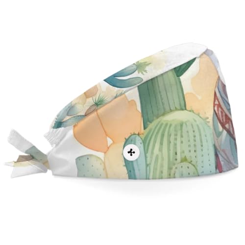 Mularoka Cute Alpaca Cactus Watercolor Working Caps with Button Sweatband Comfortable Adjustable Bouffant Hats Work Hat for Women Men