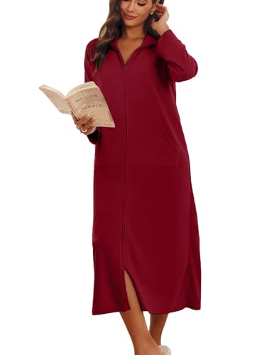 Image of Ekouaer Women Zipper Robe Long Sleeves House Coat Soft Bathrobe Sleepwear with Pockets Housecoat Loungewear