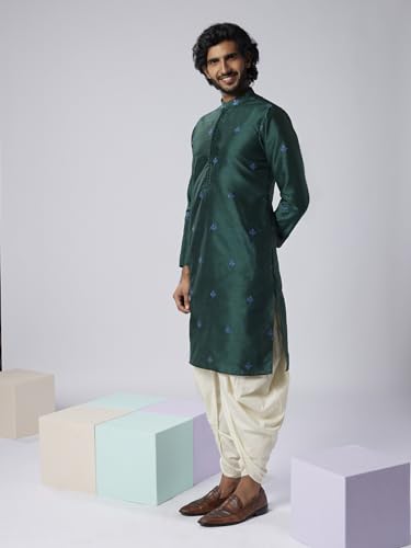 Image of KISAH Men's Kurta, Green Art Silk, Embroidered Long Sleeves Mandarin Collar Regular Fit (S)