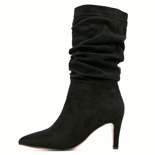 Women's Pleated Mid-Calf Boots - Casual Pointed Toe Booties with Stiletto Heel for Fall Winter & Daily Wear