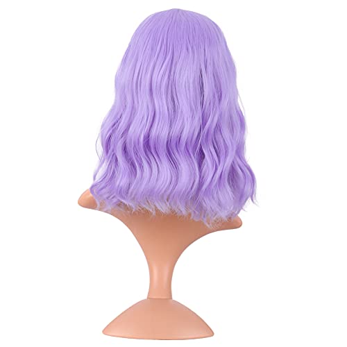 Image of MapofBeauty 14 Inch /35 cm Short Wavy Curly Women Fresh Bright Synthetic Ordinary Flat Bangs Bob Wig (Light Purple)