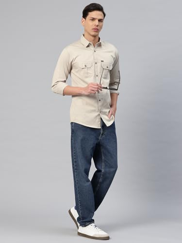 Image of Majestic Man Men's Washed Cotton Twill Casual Shirt -| with Dual Flap Pockets - Slim Fit | Full Sleeve | Casual Wear | Trendy & Comfortable