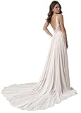 HUINI Damen Lang Brautkleid Hochzeitskleid Standesamt Boho Vintage Strand Brautmode Brautkleider mit Schleppe A-Weiß 50