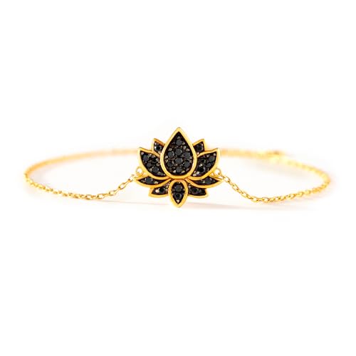 STORYJEWELLERY Lotus Charm Bracelets for Women, 18K Gold Plated Bracelet, Dainty Black Bracelets for...