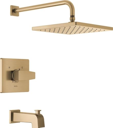 Image of Delta Modern 14 Series Square Rain Bathtub and Shower Faucet Set, Rainfall Brushed Gold Shower Head and Handle Set, Valve Trim Kit, 10 Inch, Champagne Bronze T14468-CZ-PP (Valve Not Included)