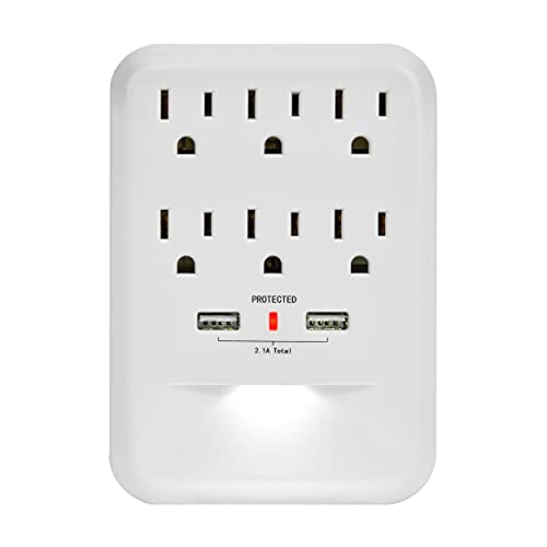Clear Power 6-Outlet 600 Joule Wall-tap w/2-port USB-A Charger & Nightlight, CP30005