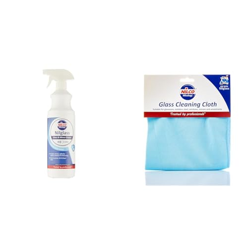 Bundle of Nilco Microfibre Glass Cleaning Cloth & Nilglass H3 Smear-Free Glass & Mirror Cleaner 1L Trigger Spray for Crystal Clear, Streak-Free Shine on Windows, Mirrors & Glass Surfaces