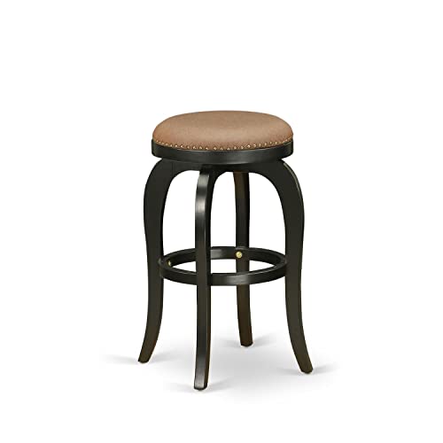 Butaco de altura para bar East West Furniture BFS030-112 Bedford, asiento redondo tapizado en cuero sintético marrón tostado, estructura negra de madera de caucho, altura 30 pulgadas miniatura 1