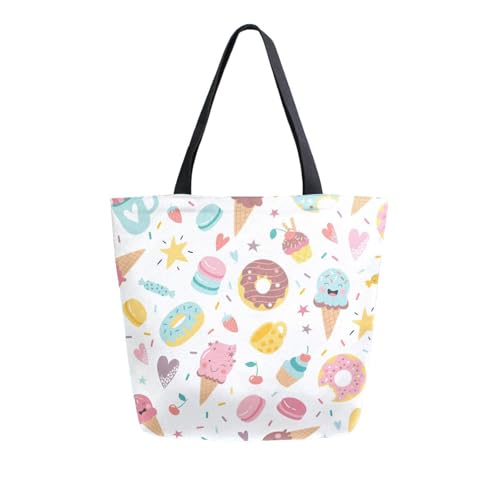 Cartoon Ice Cream and Donuts Canvas Tote Bag for Women with Zipper Pocket Reusable Grocery Shopping Bags Large Travel Shoulder Bag Handbag Bags