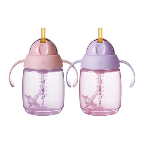 Tommee Tippee Trainer Straw Cup 240ml Easy Transition Toddler Cup for 6 Months+ with Silicone Weighted Straw and Easy-Hold Handles Pink and Purple 2 Pack