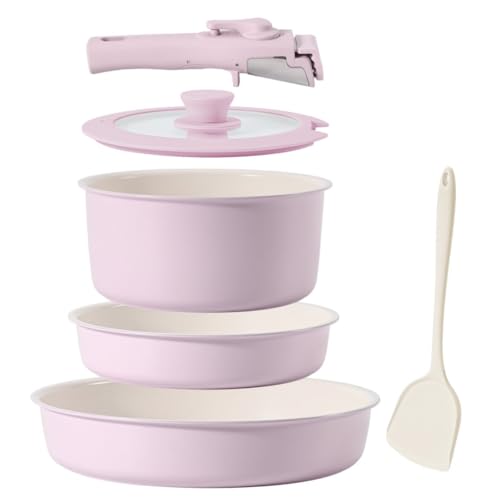 MSMK 6-delige roze keramische pannenset met afneembare handgreep, pannen 24 cm 28 cm en braadpan 20 cm, PTFE-vrij, PFAS-vrij, PFOA-vrij, vaatwasmachinebestendig