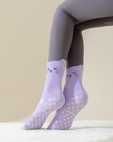 Image of Yawlsow Pilates Grip Socks for Women Cute Yoga Grippy Non Slip Non Skid Cat Socks with Cat Paw Gripper for Barre Workout